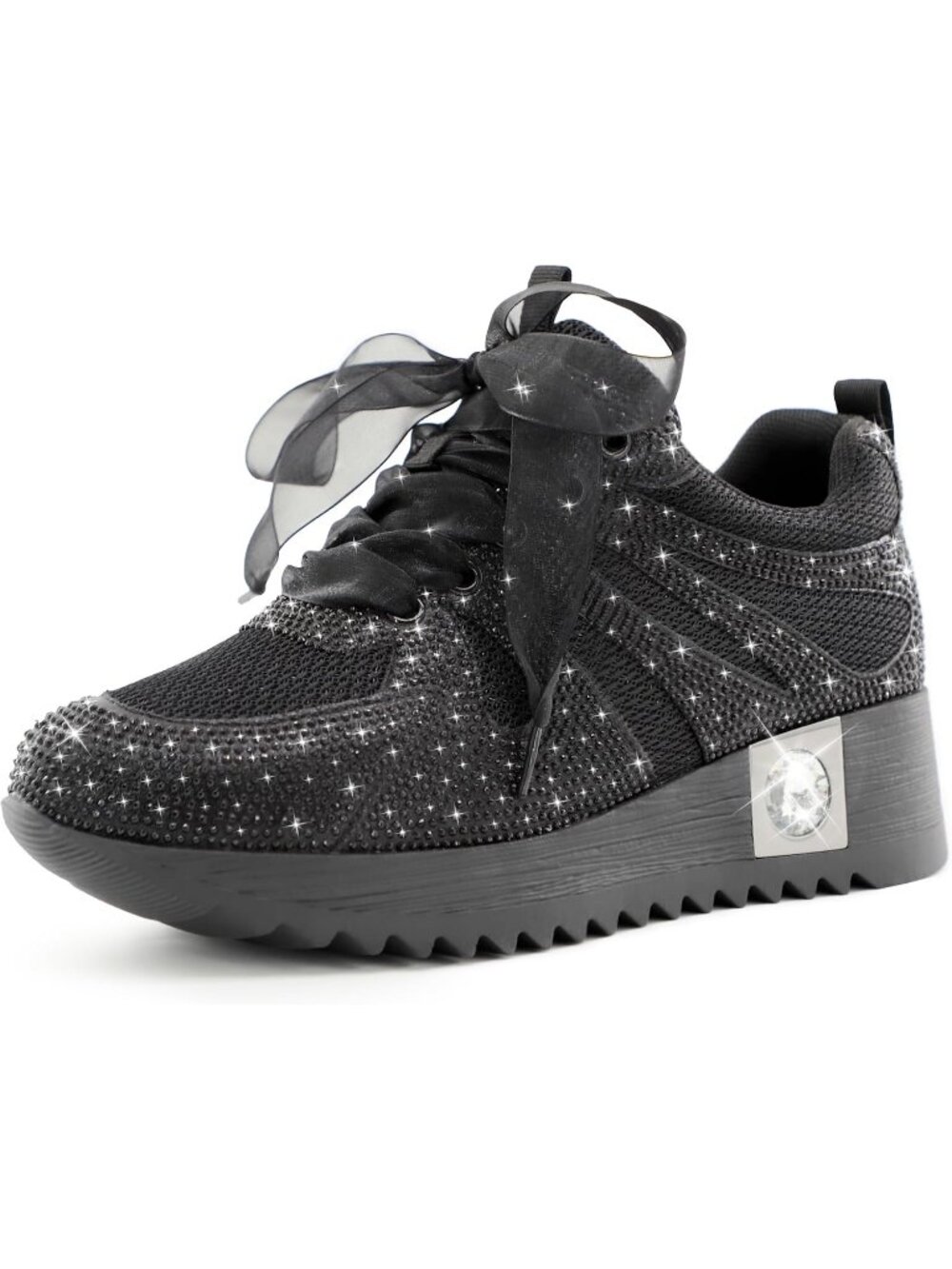 Women's Black With Mesh Glitter Sparkly Rhinestone High Top Trendy Sneakers